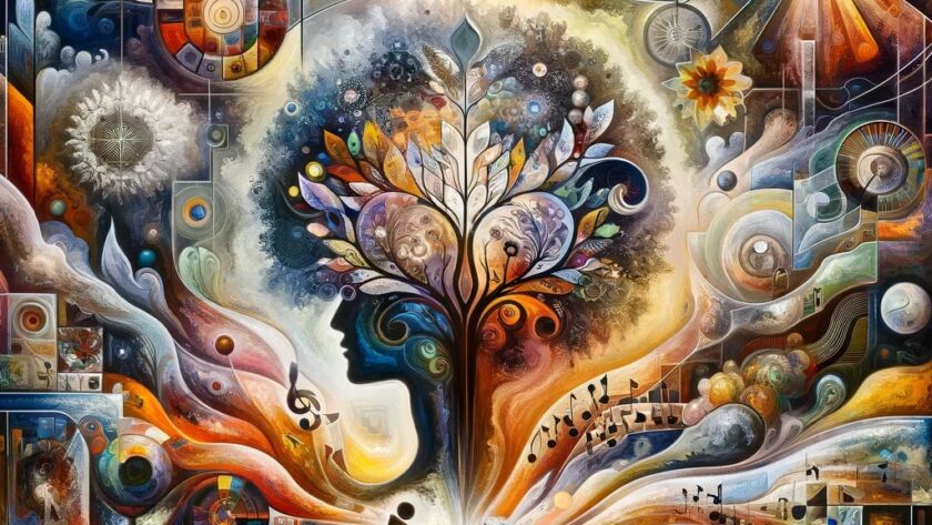 Artistic representation of a flourishing tree symbolizing a creative mind, set against a vibrant abstract background of colors and shapes, embodying the themes of creativity, unity, and exploration in art.