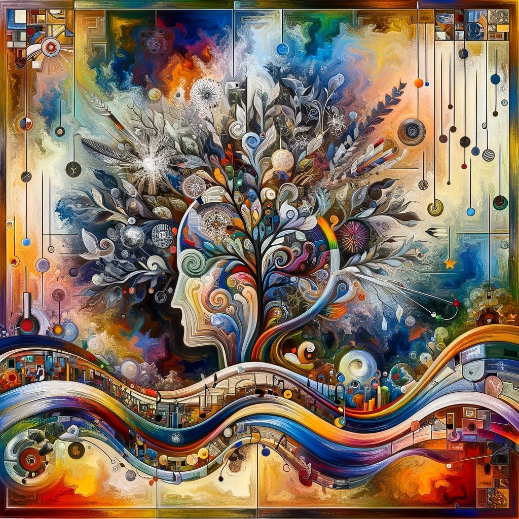 The symbolic artwork features a central tree representing the creative mind, surrounded by a colorful abstract collage, symbolizing the interaction of different art forms and themes of creativity and exploration.