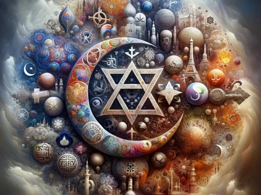 Digital artwork depicting the integration of various religious symbols, representing Coexilia's commitment to interfaith harmony.