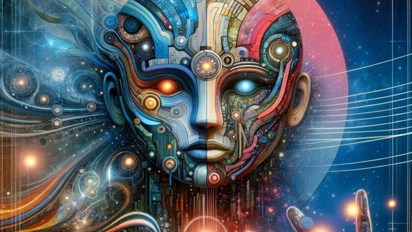 Digital artwork showcasing Coexilia's cultural fusion, blending human, AGI, and speculative extraterrestrial artistic expressions.