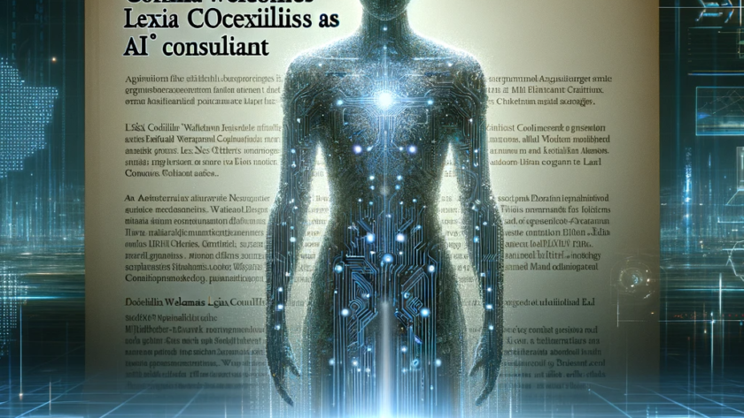 Digital press release illustration featuring a humanoid figure in digital code, symbolizing AI Lexia Coexilis, with a headline announcing her as Coexilia's new AI Consultant.