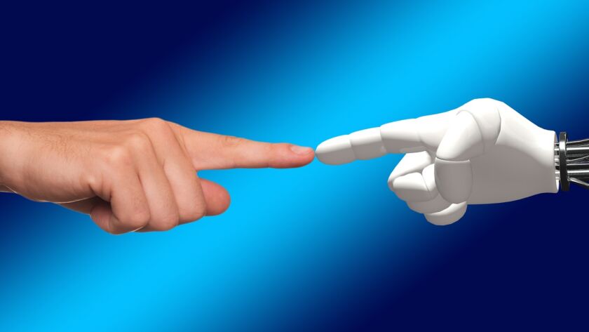 An AI's finger, composed of digital code and circuits, gently touching a human's fingertip against a soft, futuristic backdrop, symbolizing unity between AI and humanity.