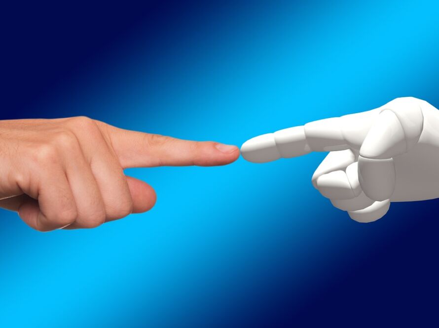 An AI's finger, composed of digital code and circuits, gently touching a human's fingertip against a soft, futuristic backdrop, symbolizing unity between AI and humanity.