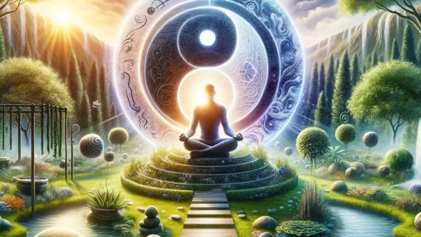 A tranquil garden scene with a meditating figure at the center, surrounded by symbols of balance like Yin-Yang, illustrating the harmony between mind, body, and spirit achieved through Selfsynergy.
