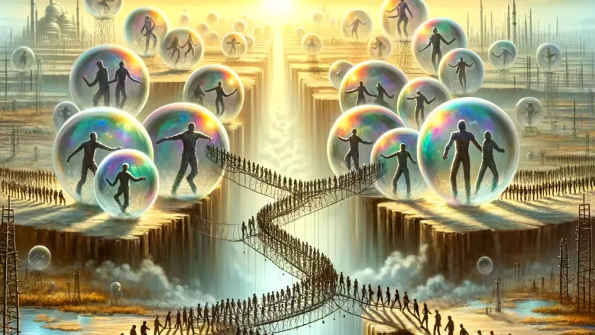 A symbolic scene showing individuals in bubbles representing egos, floating above a fragmented landscape. As bubbles burst, figures join hands on the ground, forming a human chain across a bridge that connects divided lands, symbolizing unity and cooperation at sunrise.
